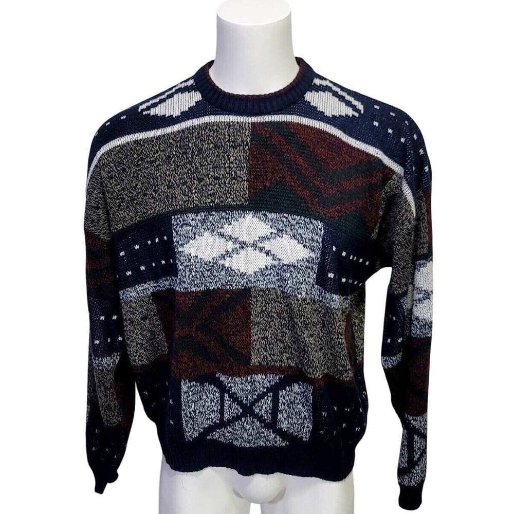 Vintage Expressions Mens XL Patchwork‎ Geometric Acrylic Crewneck Sweater Navy